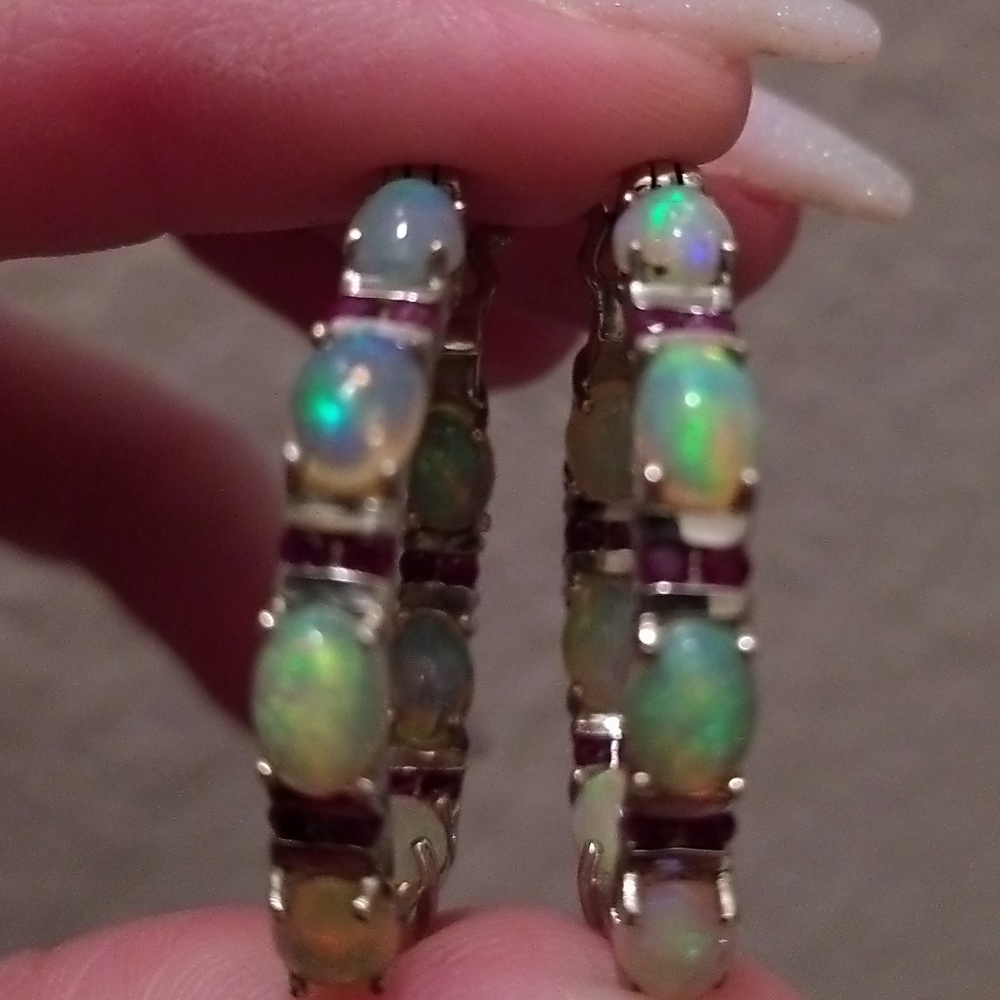 Elegant Sterling Silver Genuine Opal and Ruby Hoop Earrings